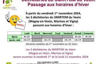 SMIRTOM du Vexin - Déchèterie Magny / Marines / Vigny : passage aux horaires d'hiver